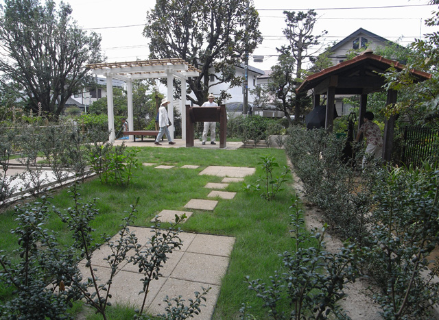 建物の壁があったところにはマメツゲの生垣を配植し将来はボーダーに、3本のクチナシは旧/食堂と個室の境に配植している。部屋の移動は、古い平板とイメージを合わせた平板飛石で。